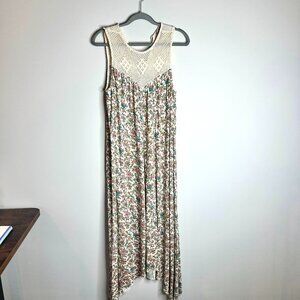 Lucky Brand Crochet Detail Floral Asymmetrical Hem Midi Dress Boho Prairie Sz L